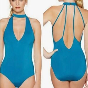 New Laundry Shelli Segal Teal Turquoise Blue Halter Choker Neck One Piec…